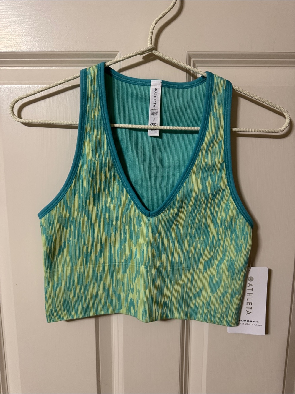 Athleta Teal & Lime Patterned V-Neck Cropped Tank